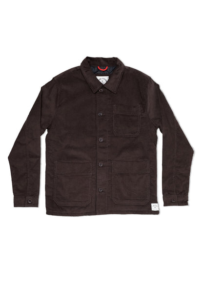 Dark brown corduroy jacket with a collar, button closure, and three front pockets, displayed on a white background.